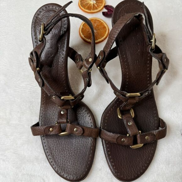 Celine Paris Shoes Sandals Heels Brown Leather T Strap 36.5 Gold Harness Detail - Picture 2 of 8